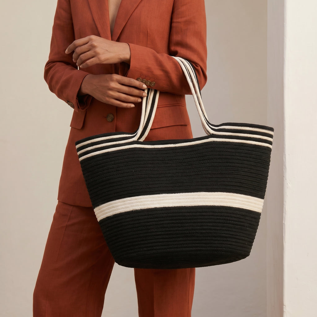 Bianca handwoven cotton cord tote bag by Leila front view