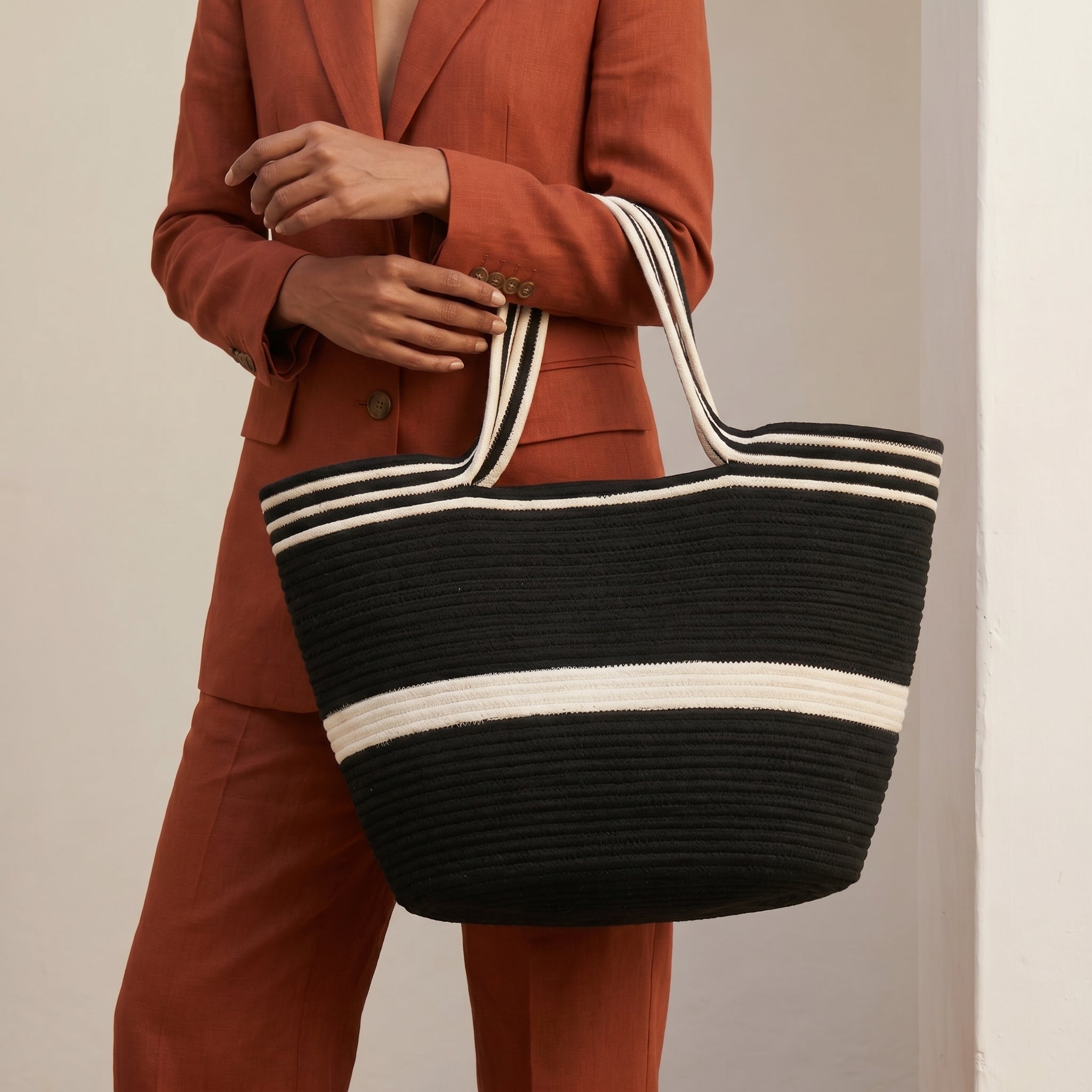Bianca handwoven cotton cord tote bag by Leila front view