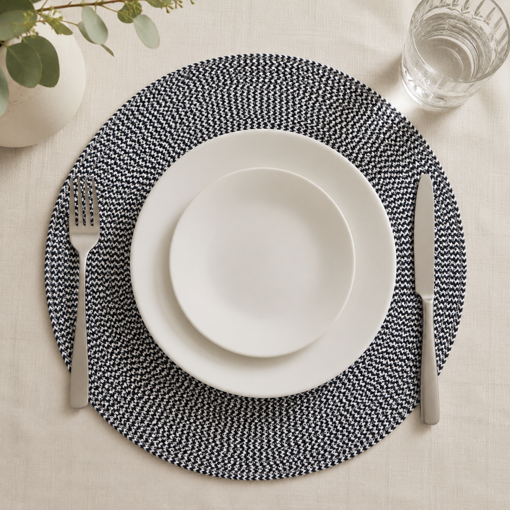 Monochrome round cotton cord table mat by Leila Lanka