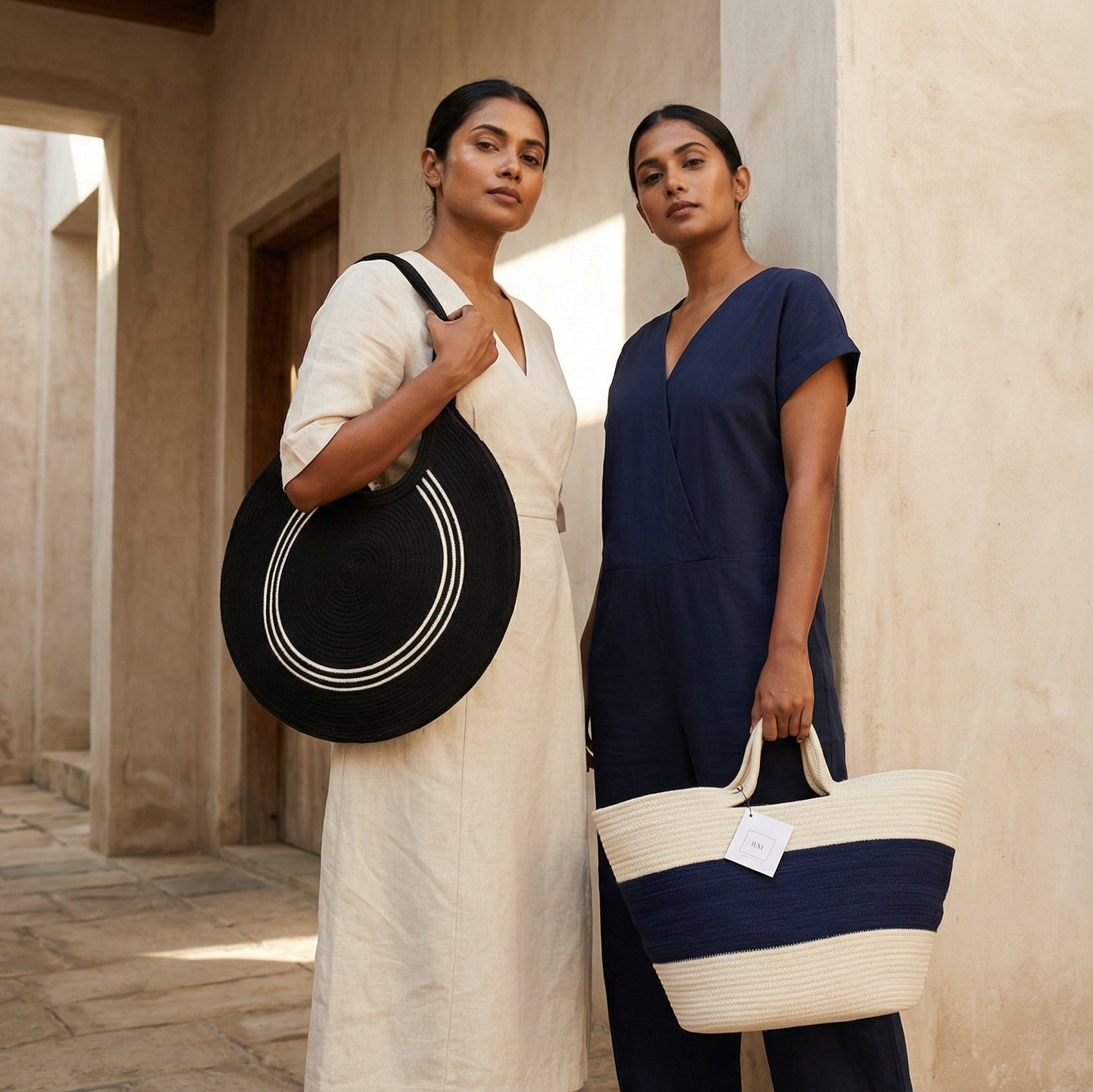 Two women standing in a sunlit outdoor setting, one holding a black hat and the other a striped bag.