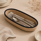 Braided jute cutlery holder with black border styled with cutlery by Leila Lanka