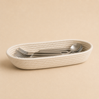 Alabaster cotton cord cutlery holder with organised table cutlery by Leila Lanka